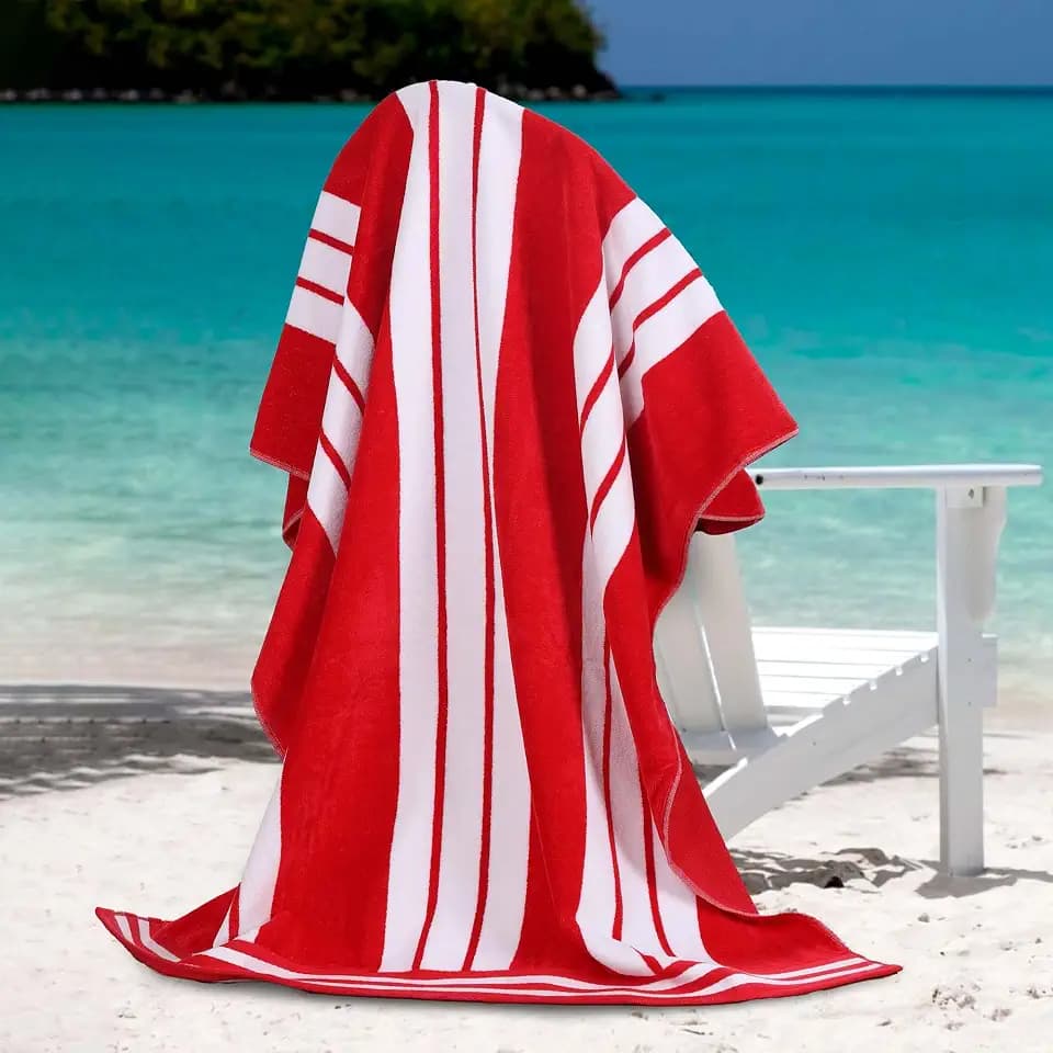 Superior Oversized Cotton Beach Towel Set of 2, Absorbent Towels for Bathroom, Pool, Swim, Adults, Kids, Vacation, Travel, Bath Sheet, Quick Dry Basics, Trip Essentials, Striped Decor, Red