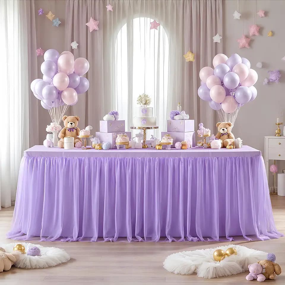 Lavender Tulle Tablecloth for 8 Foot Rectangular Table 8ft Light Purple Rectangle Table Cloth Wrinkle Free Tablecover with Tutu Skirt for Wedding Birthday Party Baby Shower Banquet Buffet Cake Event