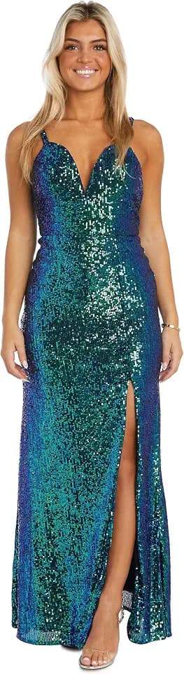 Juniors' Long Sequin Sweetheart Neck Dress W/Mesh Insets, Spaghetti Straps & Side Slit