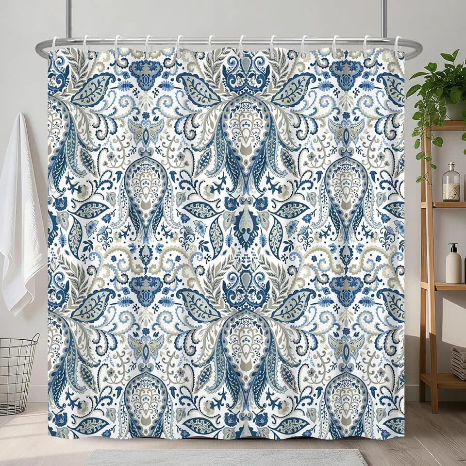 Blue and Grey Paisley Shower Curtain, Vintage Boho Damask Floral Pattern Rustic Bathroom Curtains, Hotel Polyester Fabric Shower Curtain and Weighted Hem, Waterproof Washable with Hooks, 72x72 Inch