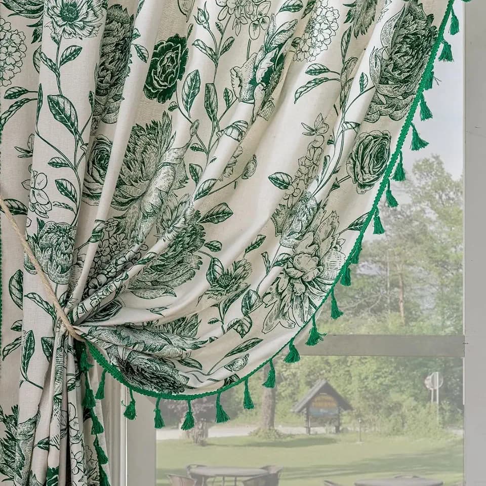F-CHU Bohemian Curtains for Bedroom 63 Inch Length French Country Floral Drapes Farmhouse Rustic Window Curtain Panels for Bedroom Chic Cotton Linen Blend Toile Curtain,2 Panel