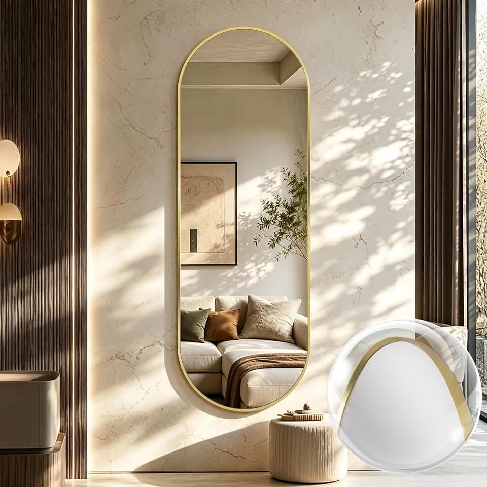 Oval Full Length Mirror, 65"×22" Wall-Mounted Mirror with Gold Frame in Shiny Gold, Ultra-Clear Explosion-Proof Dressing Mirror, Simple & Classic Deco for Cloakroom/Bedroom/Living Room