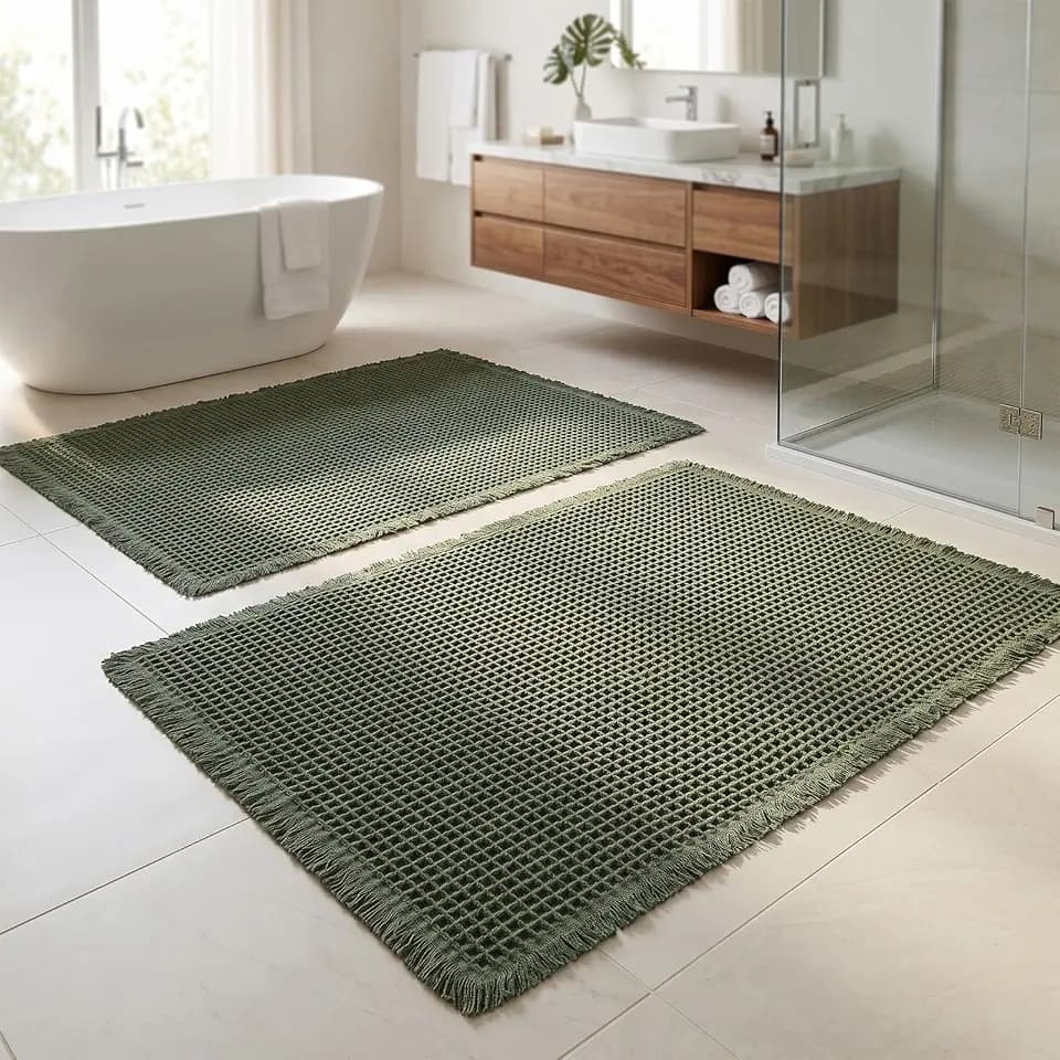 Set of 2 Waffle Bathroom Rugs, Non Slip Absorbent Waffle Knit Bath Mat for Shower Floor, Tub and Bathroom Door, Ultra Soft Quick Dry, Olive Green, 17"x24"+18"x30"