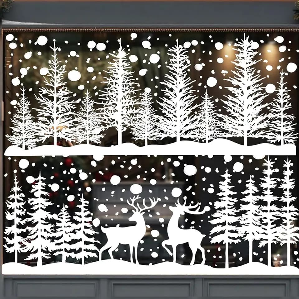 Christmas Window Clings for Glass 8 Sheet Xmas Tree Window Decals with Reindeer Designs White Window Stickers Winter Windows Cling for Party Supplies Home School Office Glass Decorations