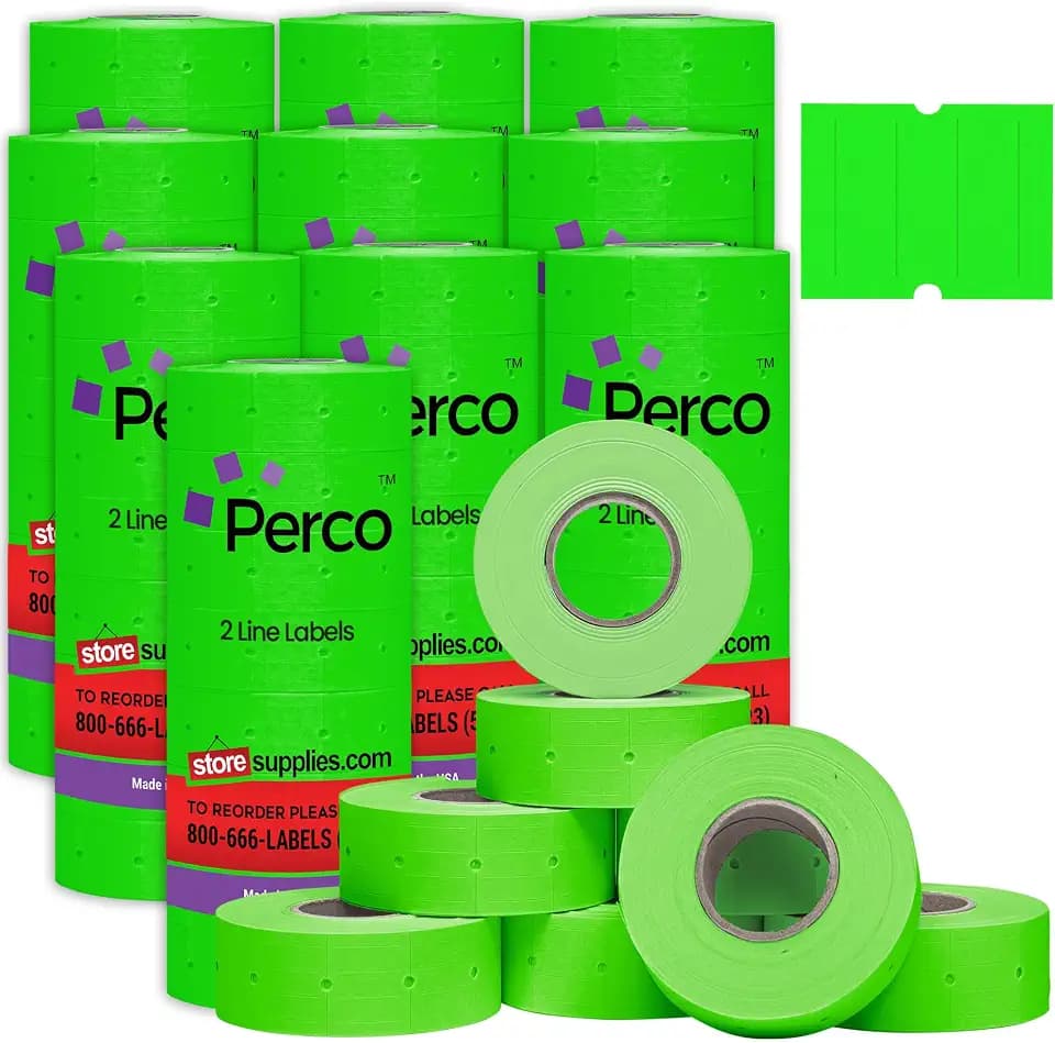 Perco 2 Line Fluorescent Green Labels - 60,000 Blank Price and Date Gun Labels for Perco 2 Line Price and Date Guns - 80 Rolls, 10 Sleeves - Made in USA