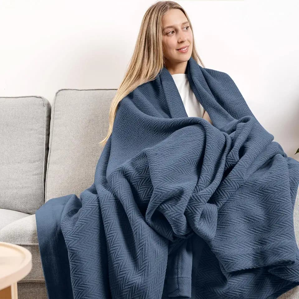 Carressa Linen Luxury Organic Cotton Blankets King Size | 100% Cotton King Size Blanket GOTS Certified (Deep Blue) | Breathable, Lightweight, Soft & Cozy Herringbone Bed Throw Blanket for All Seasons