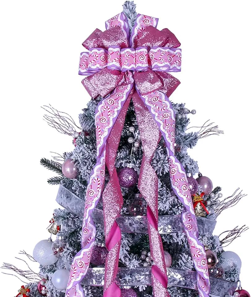 Christmas Tree Topper Wreath Bow Large Pink Christmas Bow Tree Topper 52"x13" Pink Cane Glitter Satin Ribbon Patterned Gift Bows for Xmas Holiday Home Wedding Thanksgiving Indoor/Outdoor Decoration