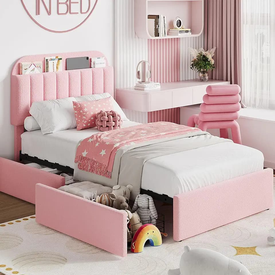 Garvee Twin Size Bed Frame with Headboard & Drawers, Upholstered Bed Frame