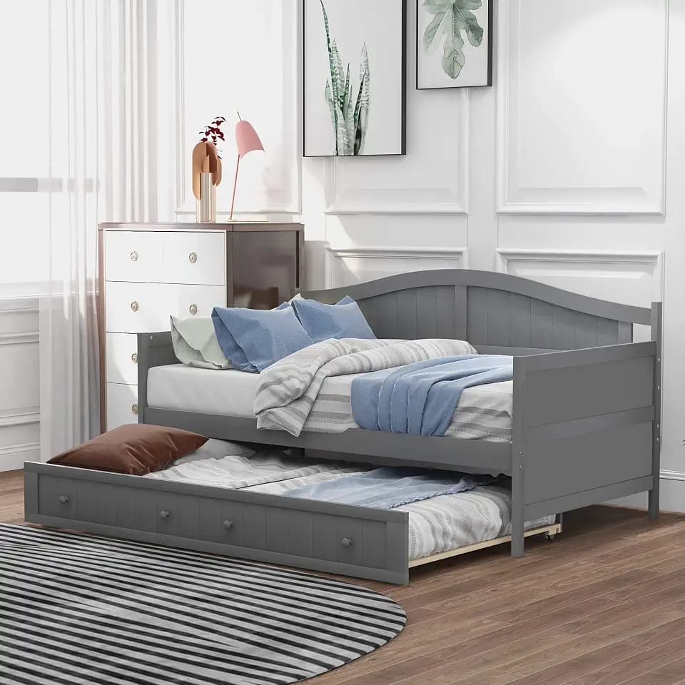 Ball & Cast Twin Daybed with Trundle,Wooden Day Bed Frame with Wood Slat Support,No Box Spring Needed,Easy Assembly,Gray