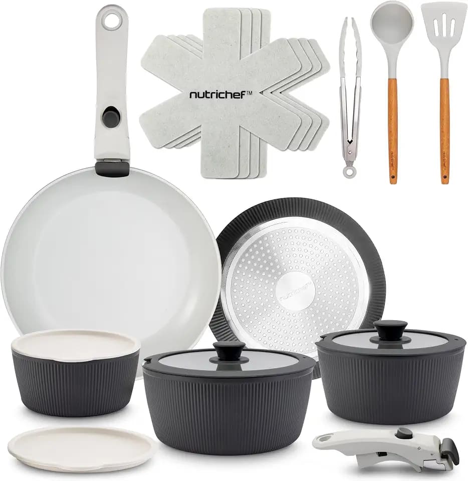NutriChef 18-Piece Ceramic Cookware Set with Detachable Handles, Non Stick Pots and Pans, PTFE-Free Natural Ceramic Coating, Space-Saving Design, Oven & Stove Safe, Includes Utensils