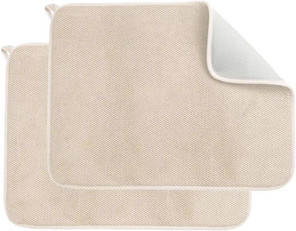 Solid Color Absorbent Dishes Drainer/Rack Mat for Countertop, Medium Size 15 x 20 Inch, Microfiber Dish Drying Pads with Hanging Loop, Kitchen Counter Dishes Draining Pad, Beige, 2 Pieces