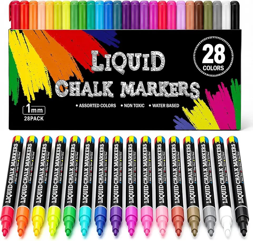 TooyBing Extra Fine Tip Liquid Chalk Markers, 28 Colors 1mm Chalk Pens, Erasable for Blackboard, Calendar, Glass, Mirror & Window, Dust-Free Wet Erase Pens for School, Restaurant, Wedding & Car Signs