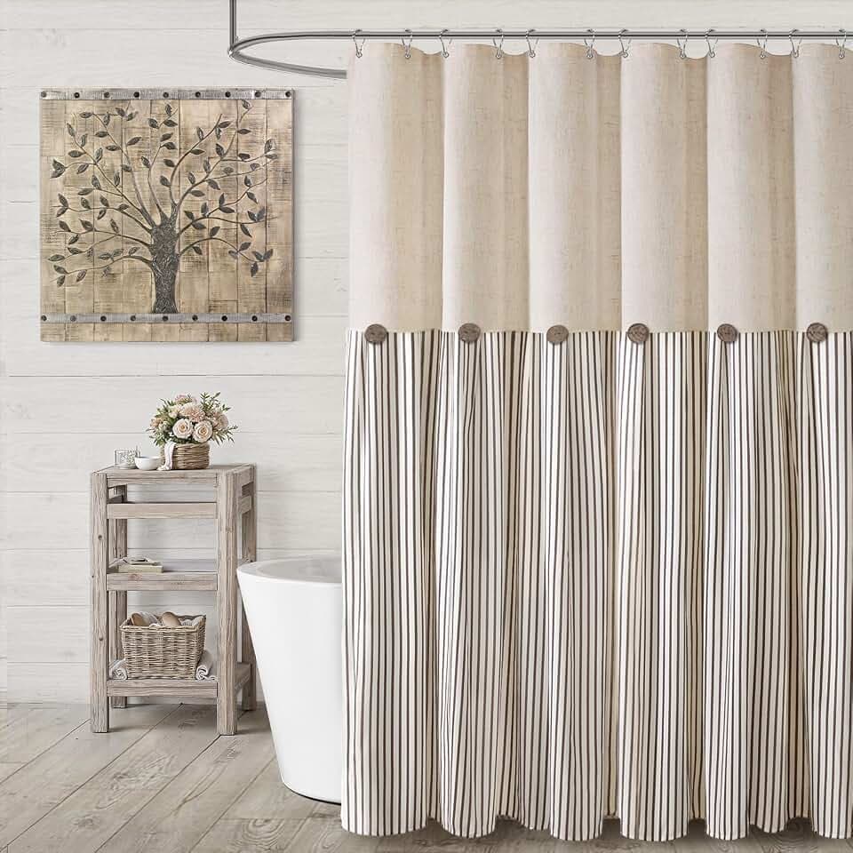 Farmhouse Shower Curtain Linen Beige Button Brown Stripe 72"W x 72"L