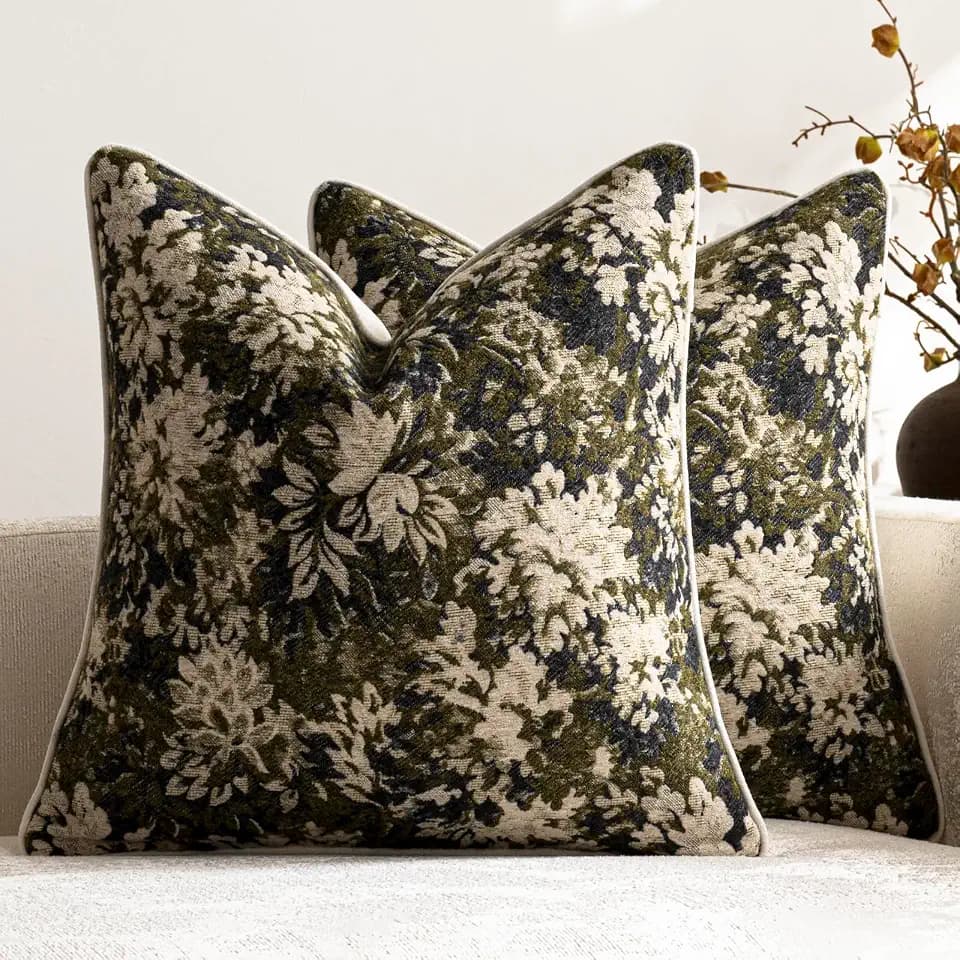 DEZENE Pack of 2 Vintage Floral Throw Pillow Covers 16x16 Boho Farmhouse Accents Chenille Square Decorative Pillow Cases for Living Room Couch Bed Home Decor, Olive Green