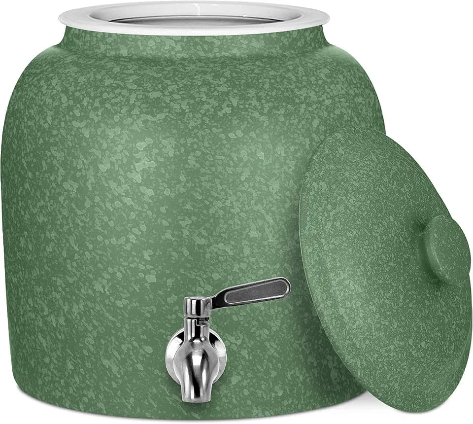 Geo Sports Porcelain Water Dispenser (Solid Color Speckled Series); Lid And Valve Included, E-Comm Shipping Ready (Green Crock W/Speckled Design)