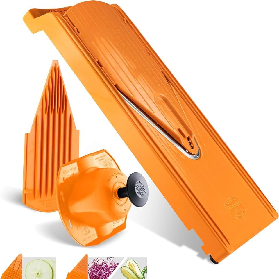 Börner Mandoline Slicer V3 (Basic Set) • V-Slicer for Vegetables & Fruits • Adjustable Kitchen Slicer • 3 Thickness Settings • With Rubber Feet & Stainless Steel V-Blade • Color: Orange