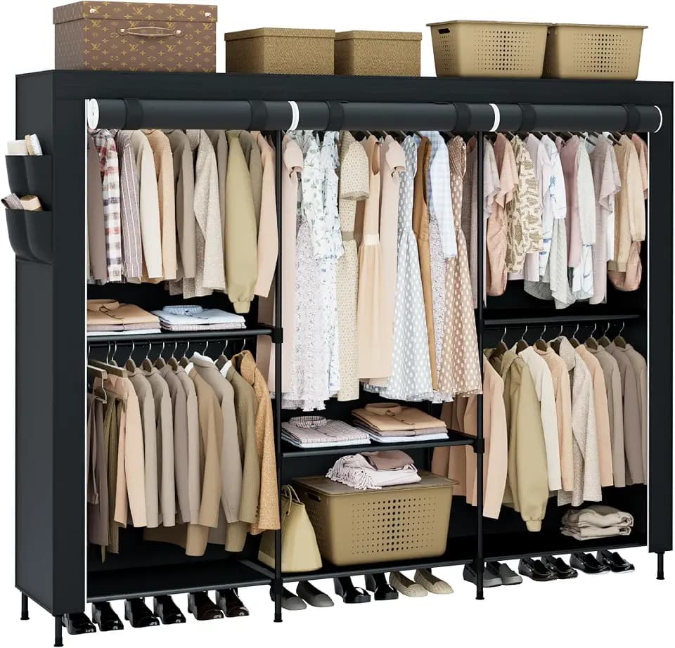 CASAMAYA Portable Closet, 81.5 Inch Extra Large Capacity Wardrobe Closet with Cover, Clothes Storage Organizer with Shelves and 5 Hanging Rods, Easy to Assembly, Black PCT136B01