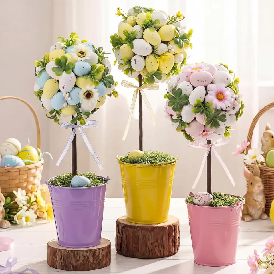 Suncalla 3 Pcs Easter Egg Tree Tabletop Decor with Bow 14 Inch Topiary Easter Tree Decorations for Home Party Wedding Holiday Spring Table Decor Summer Party Supplies Props