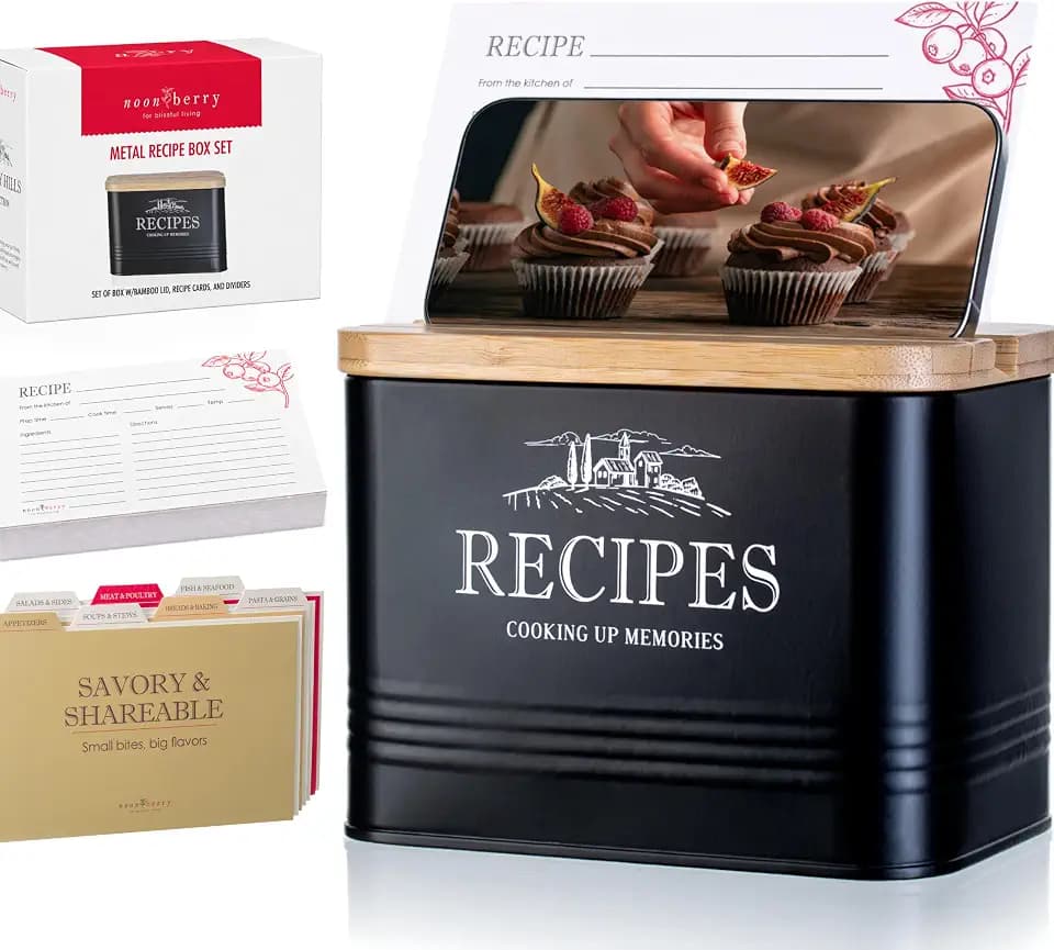 noonberry Vintage 4x6 Metal Recipe Box with Cards and Dividers; Bamboo Lid
