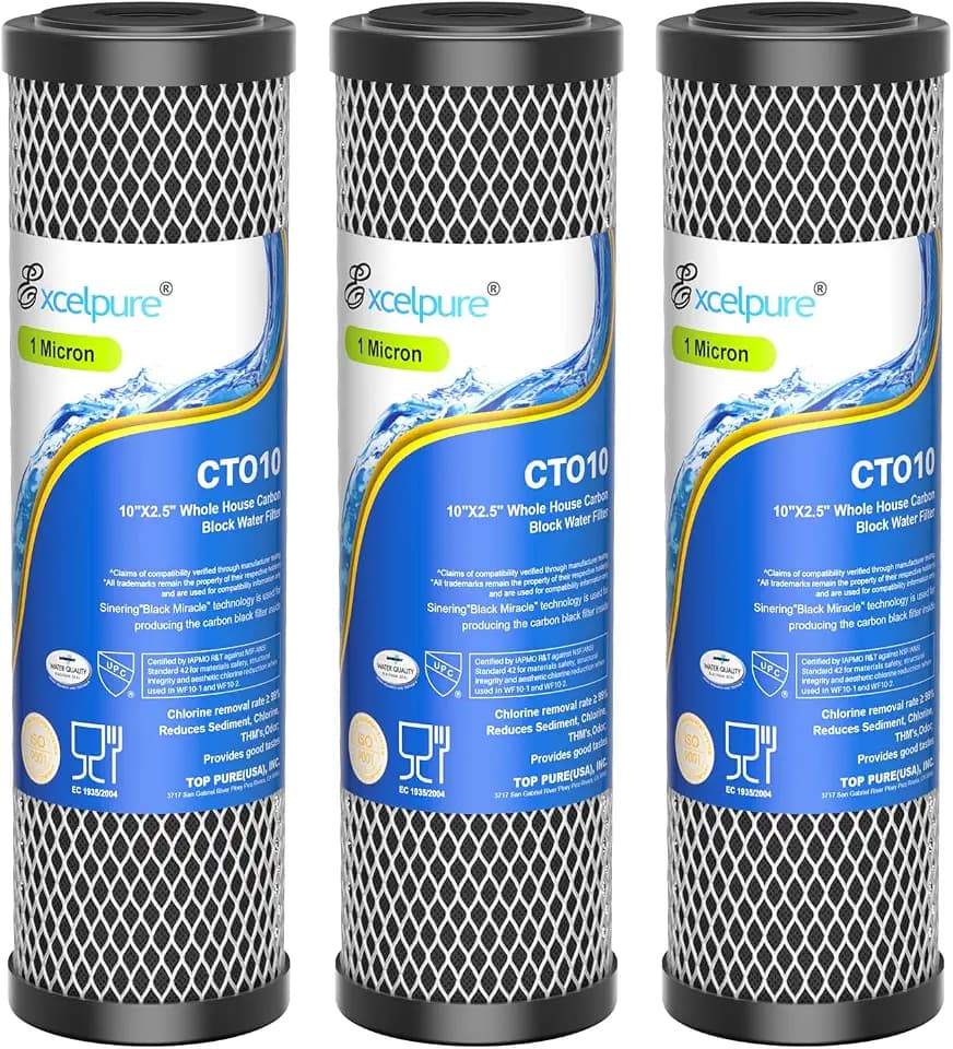 EXCELPURE 1 Micron 10" x 2.5" Whole House CTO Carbon Water Filter, 3PACK