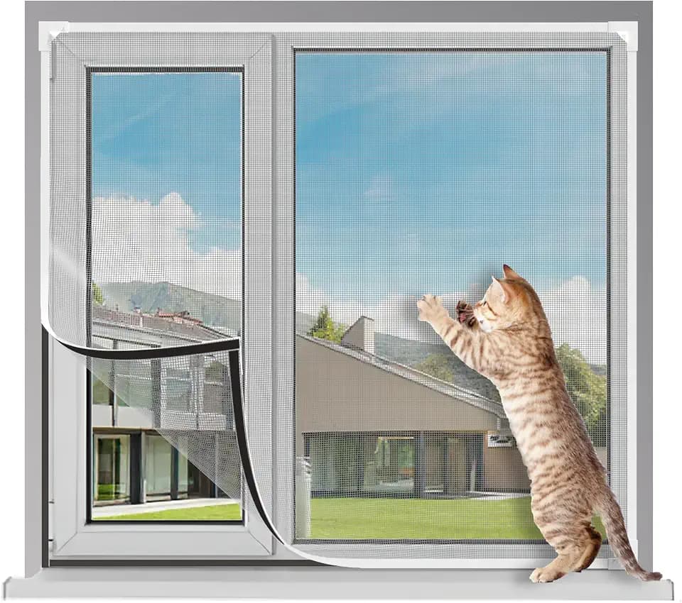 Magnetic Window Screen Adjustable DIY Window Net Screens Mesh Max 39” x 59” Fiberglass Mesh for House Windows with White Frames Grey Mesh