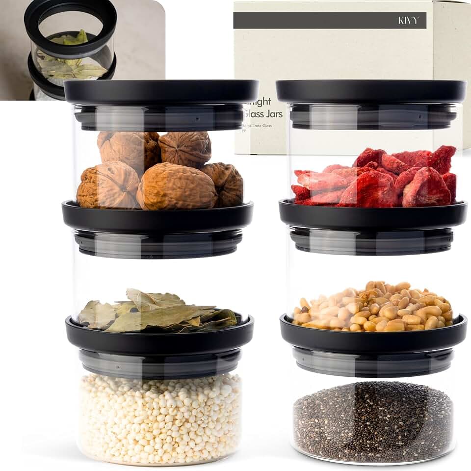 KIVY Glass spice jars transparent Glass Lid 6x 12oz - Stackable & BPA-Free