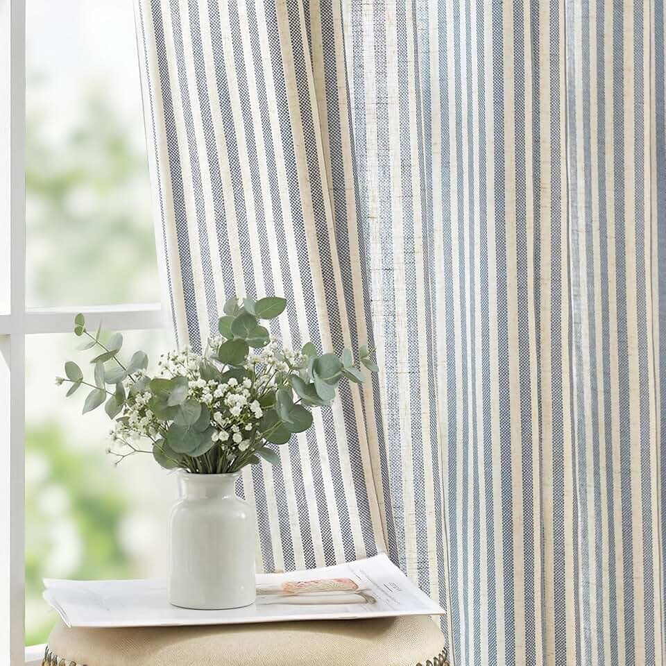 jinchan Linen Curtains 84 Inch Blue Stripe on Linen Grommet 2 Panels