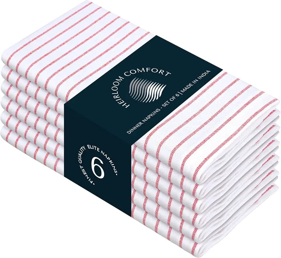 Red Stripe Dinner Napkins (Set of 6), Large 18 x 18 Inches, 100% Cotton, Soft, Absorbent, Durable Classic Striped Cloth Napkin for Everyday Use, Parties, Wedding Receptions, Lunch