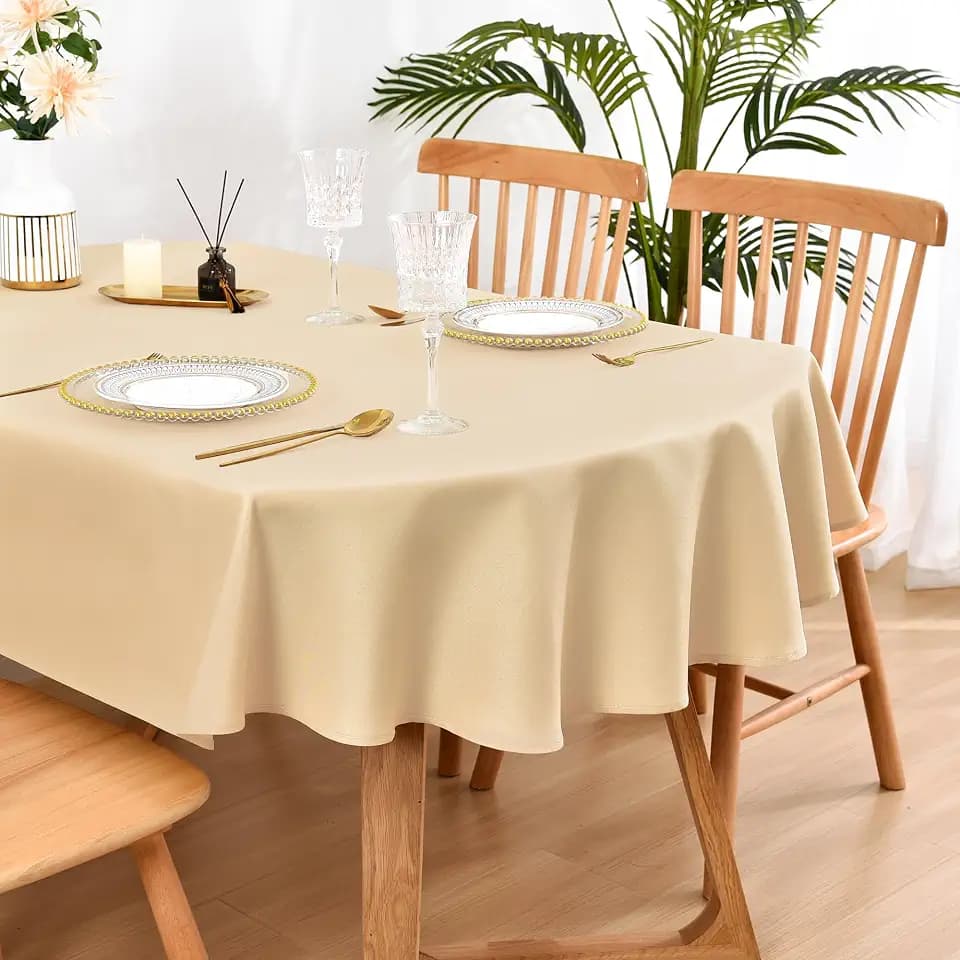Wolkemer Oval Tablecloth 60 x 84 Inch Washable Fabric Table Cloth Solid Beige Table Cover for Dining Wedding Party Banquet Tabletop Decoration