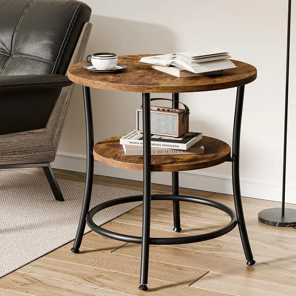 OLIXIS 21.85-Inch Round End Table, 2-Tier Side Table for Living Room, Accent Stand with Storage Shelf, Sturdy Metal Frame Nightstand for Small Space, Round Bedside, Rustic Brown and Ink Black