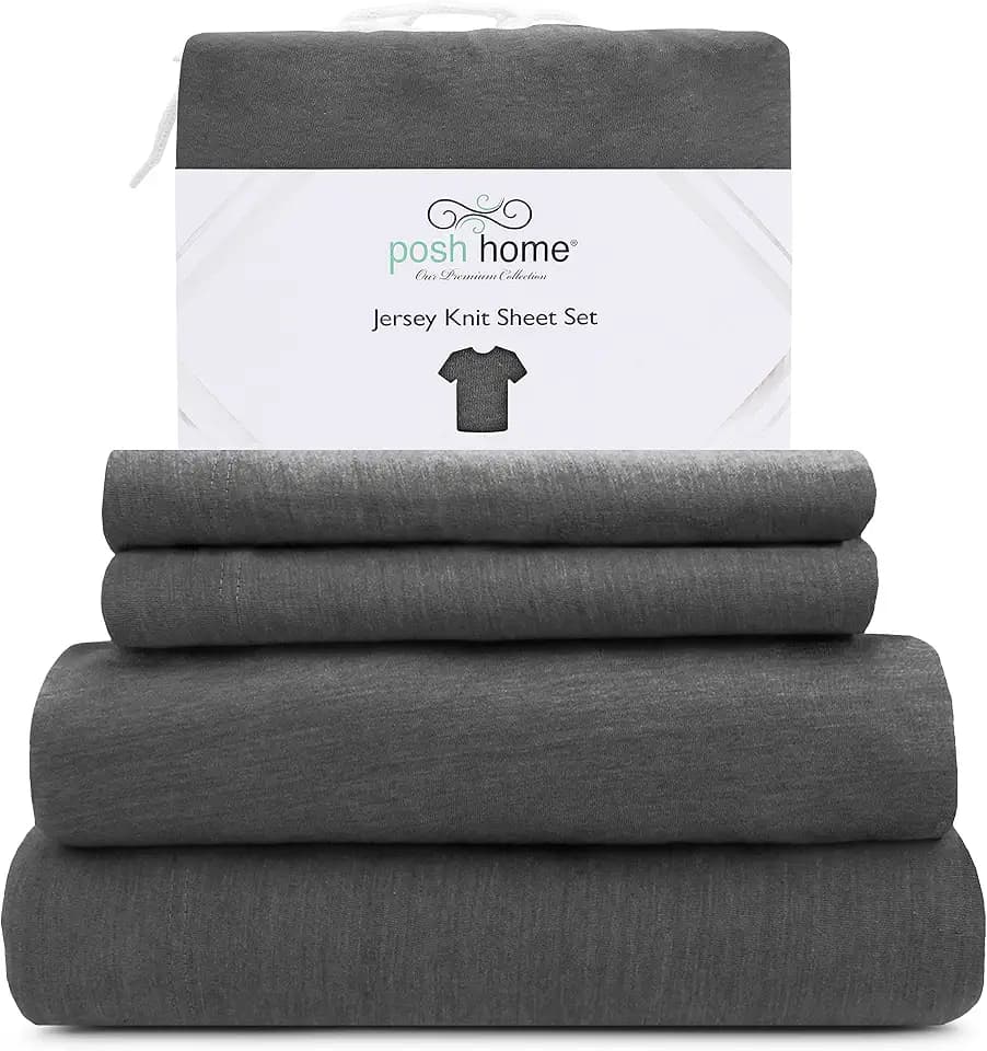 Posh Home King Size Jersey Knit Sheet Set, 4-Piece - Soft & Breathable All-Season Cotton Blend with Deep Pockets - Flat Sheet, Fitted Sheet & 2 Pillowcases - Gray
