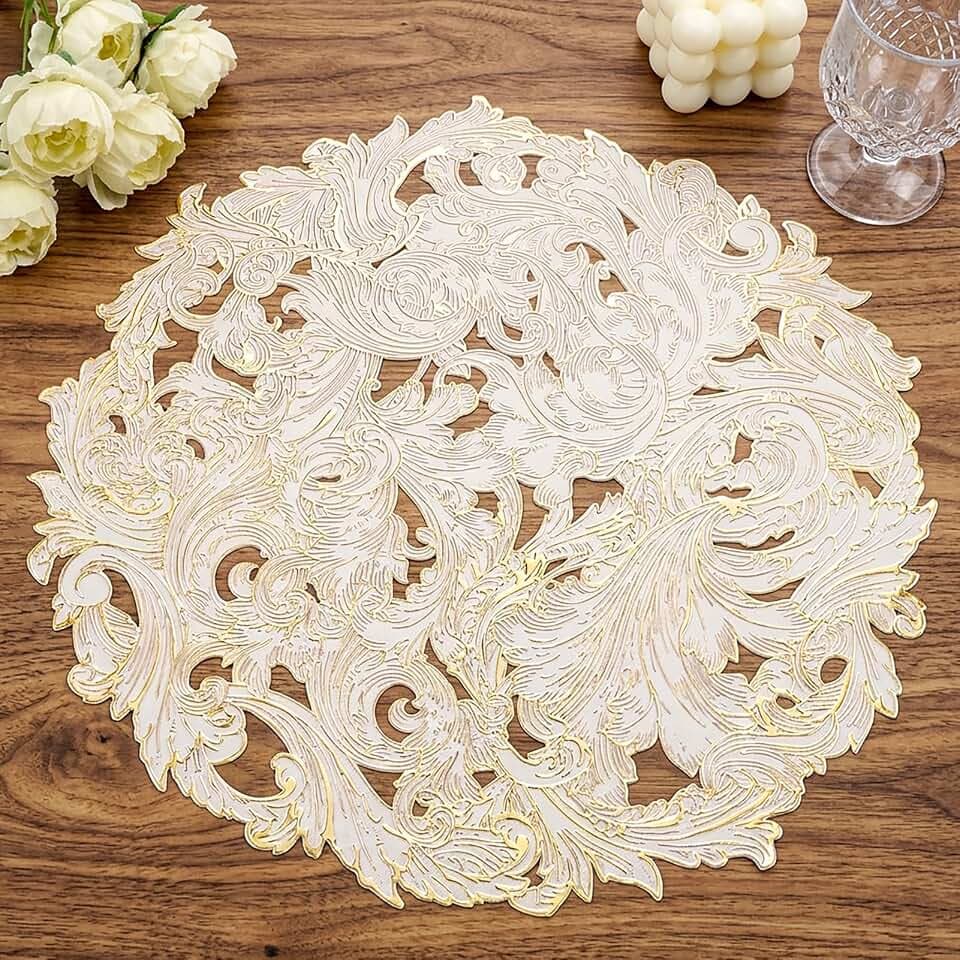 15 Inch Placemats Set of 8, Gold Round Fancy Decorative Flower Table Mats