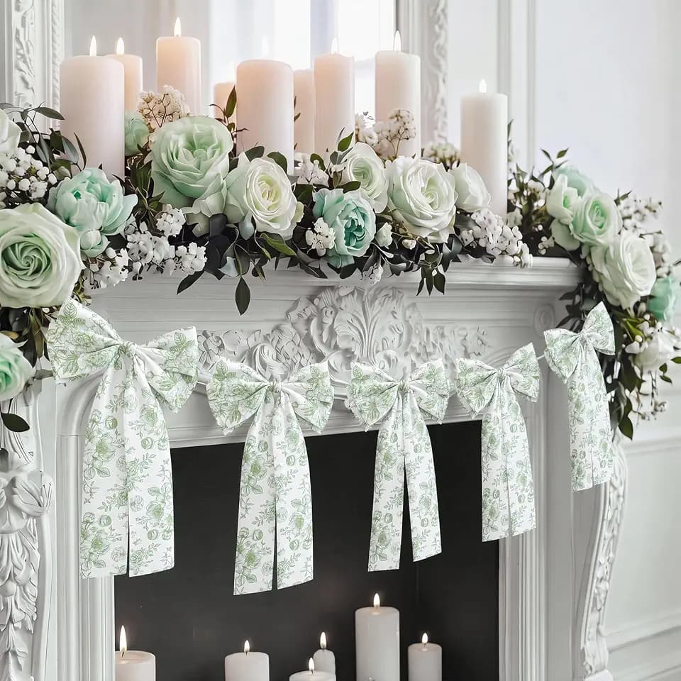 5.9 ft Sage Green Floral Bow Garland Large Tulle Ribbon Banner