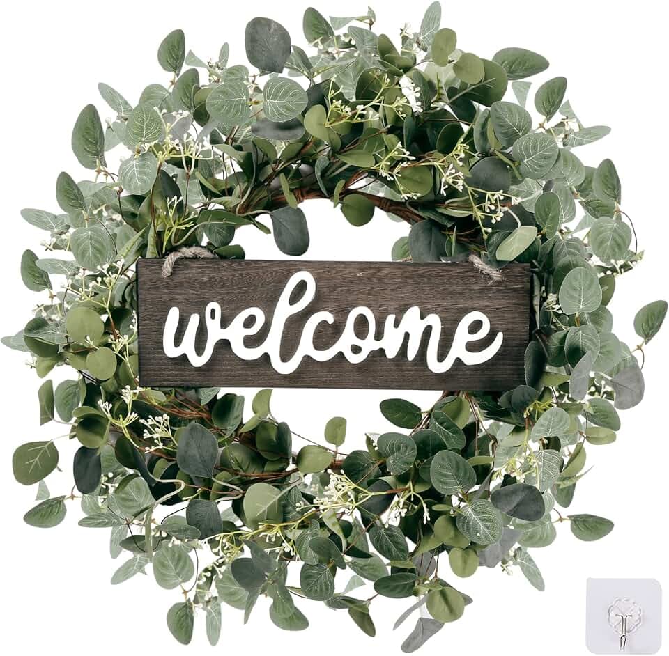 Sggvecsy Green Eucalyptus Leaf Wreath with Welcome Sign 20in Artificial Eucalyptus Wreath Spring Summer Wreath for Front Door Wall Window Farmhouse Festival Porch Patio Garden Decor