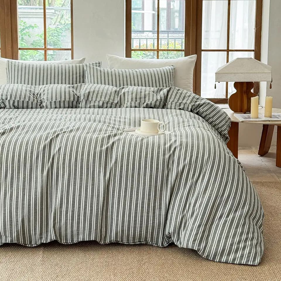 Striped Duvet Cover Set 100% Washed Cotton Linen Like Soft Feelling Breathable Bedding(Olive Green/White Strip,King)