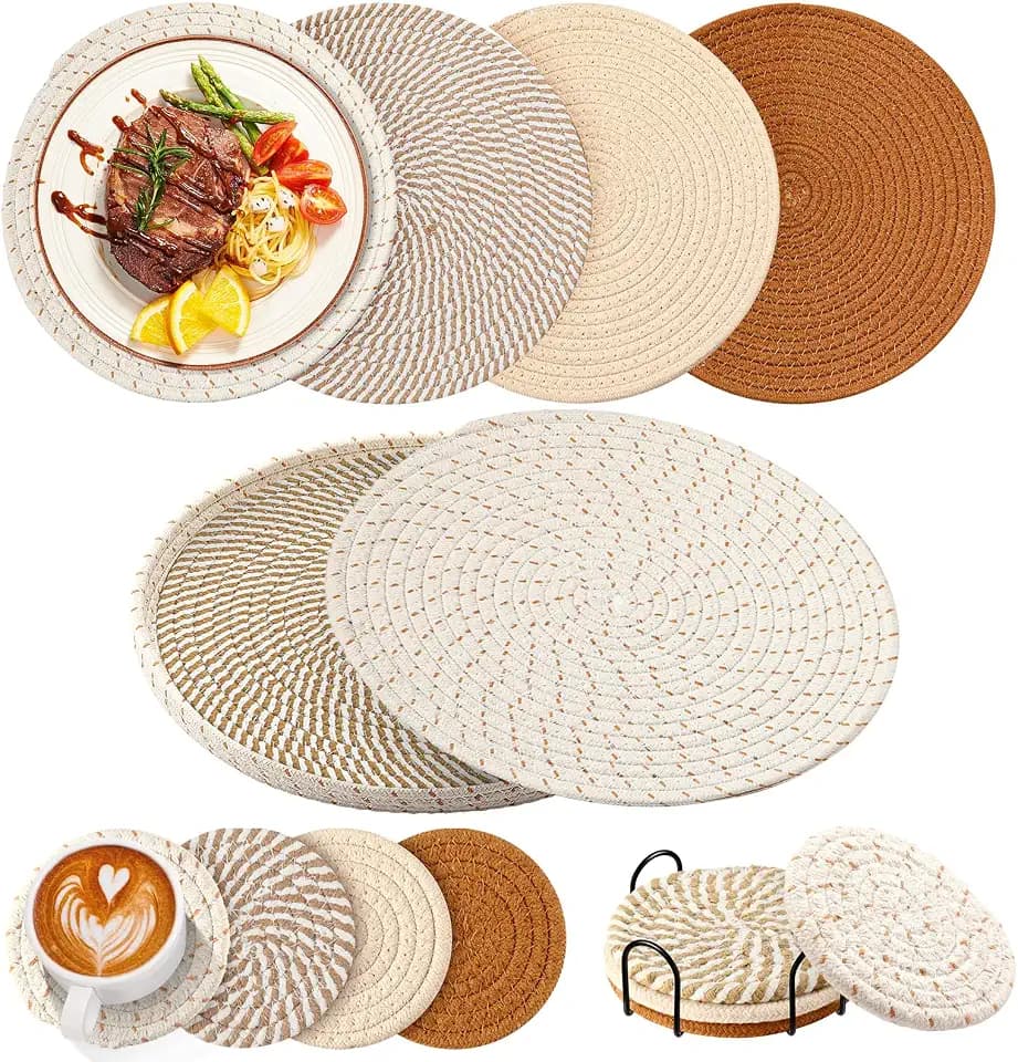 8 Pcs Boho Round Woven Placemats Set of 4/6/8,Trivets for Dishes, Heat Resistant Hot Pads,11.8" Woven Cotton Rope Round Placemats with Basket, 4.3" Drink Coasters with Holder (Mix Brown)