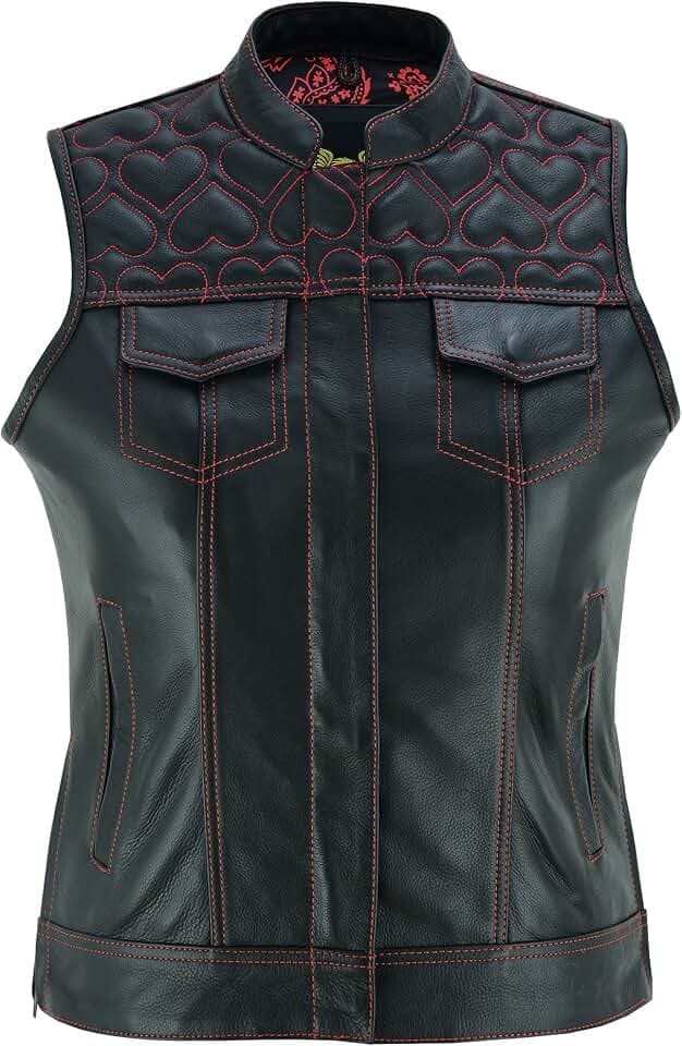 Leatherick Motorradweste aus schwarzem Leder für Damen – traditionelles Paisley-Satinfutter mit rosa Herznähten