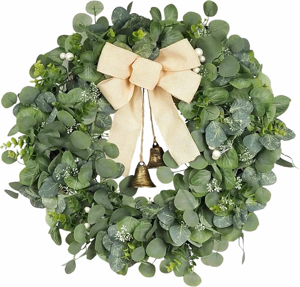 24 Inch Eucalyptus Wreath with Bells & Bow for Front Door, Faux Greenery Wreath for Spring Summer All Seasons Year Round, Green Eucalyptus Decor for Home Farmhouse Indoor Outdoor Porch Wall