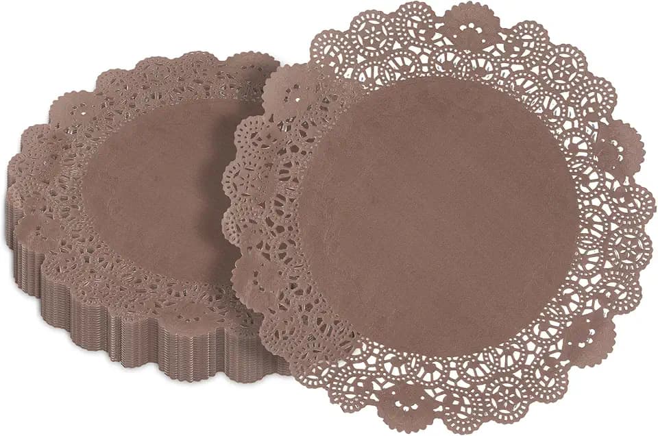 Pastry Tek 12 x 12 Inch Paper Lace Doilies, 100 Disposable Table Doilies - Elegant Lace Finish, Long Lasting, Brown Paper Doily, for Pastries, Cupcakes, Desserts - Restaurantware