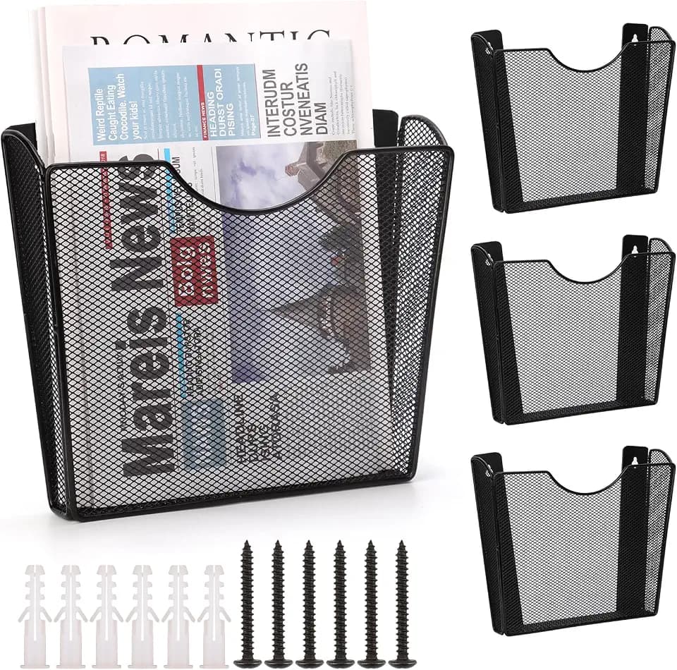 3 Pcs Vertical Wall Mount File Holder Metal Hanging Wall File Organizer Single Pocket Wall File Holder Letter Size Mail Holder Wall Decor Wall Mount Flyer Holder Hanging Magazine Rack for Office Home