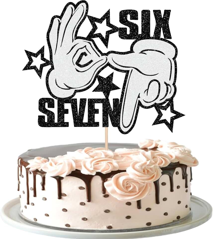 1 PCS Six Seven Cake Topper Glitter Cheers to 7 Years Funny Six Seven Cake Pick I Was 6 Now I'm 7 Cake Decoration for 7th Birthday Anniversary Party Cake Decorations Supplies Black