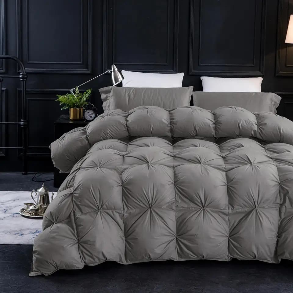 Three Geese King Size Pinch Pleat Feather Down Fiber Comforter - All-Season Down Duvet Insert Fluffy Baffle Box Design with 8 Corner Loops for Warmth and Softness.
