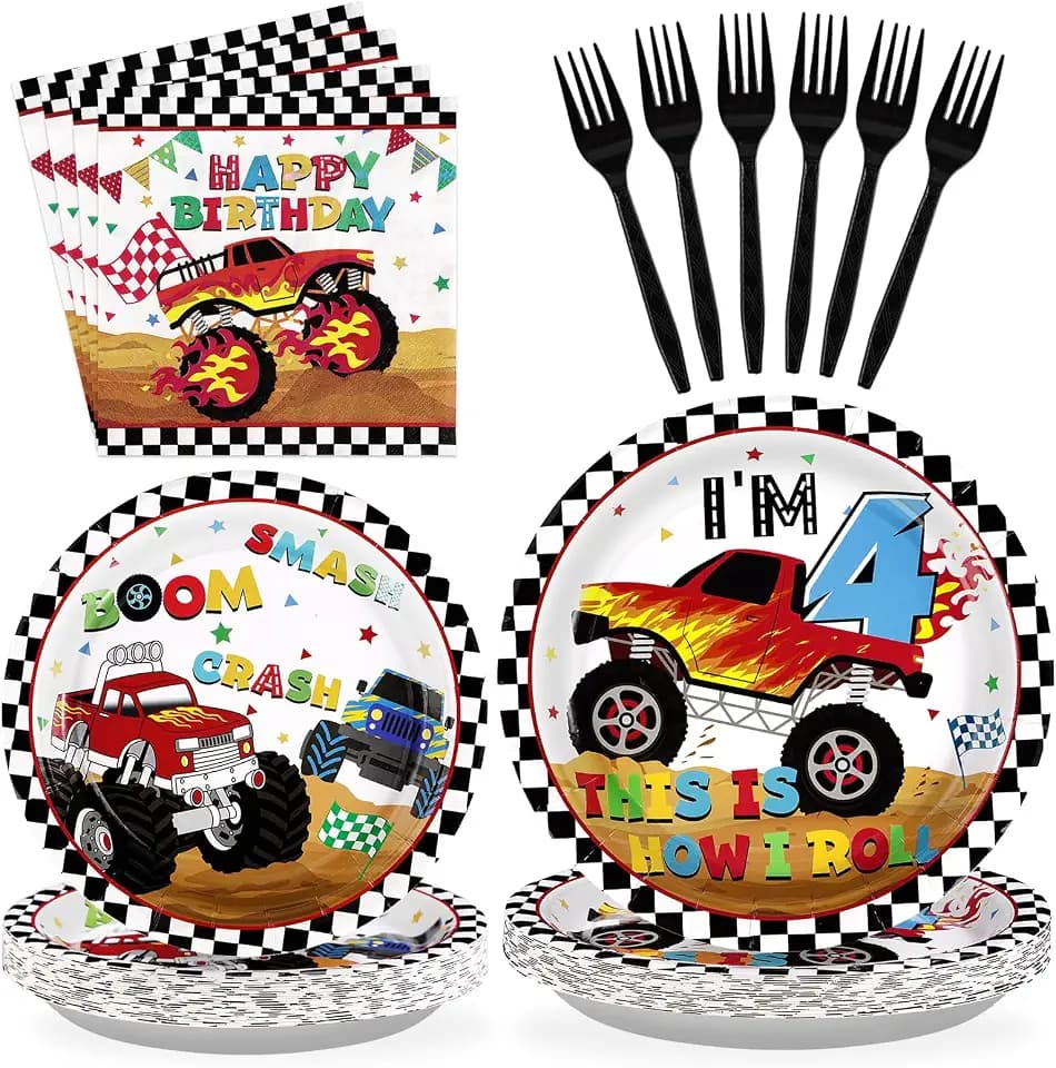 96 Pcs Monster Theme Truck 4th Birthday Party Supplies for Boys, Serves 24