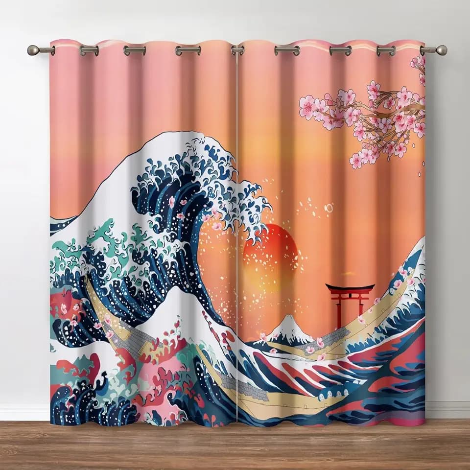Jekeno Japanese Great Wave and Cherry Blossom Window Blackout Curtain