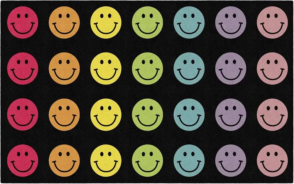 Flagship Carpets Rainbow Smileys in Black Criss-Cross Applesauce Educational Area Rug for Kids Room, Children's Classroom for Teaching & Playroom, 7'6" x 12', Black & Multi, Seats 28