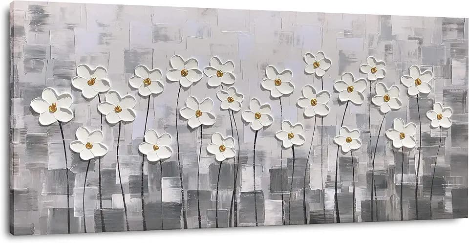 Yihui Arts Canvas Wall Art Grey and White Flowers Pictures Blossom Modern Floral Pallet Knife Painting Framed for Bedroom Kitchen Dinning Room Living Room Office Home Decor