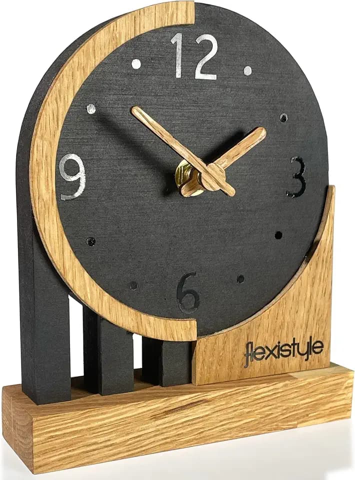 FLEXISTYLE Modern standuhr tischuhr klein aus Holz Eiche Wohnzimmer Badezimmer Uhr Holz tischuhren holzuhr Tisch Uhr tischuhr modern standuhr Clock (Style 3), Shwarz/Oak, Schwarz
