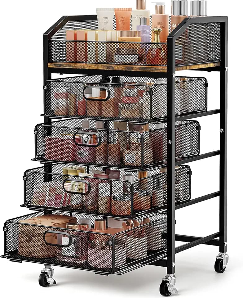 SUNALLY Rolling Makeup Cart with Drawers, Rolling Vanity Nail Cart, Black