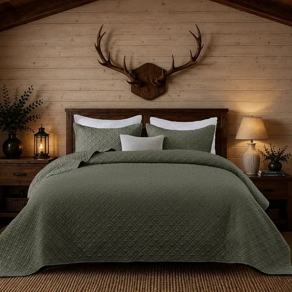 DOWN HOME Cali King Quilt Set with Shams Lightweight Quilted Bedspread Coverlet Thin Comforter Bed Cover Vintage Washed for All Season, Brushed Microfiber Diamond Stitching, Oasis Green, 111"x92"
