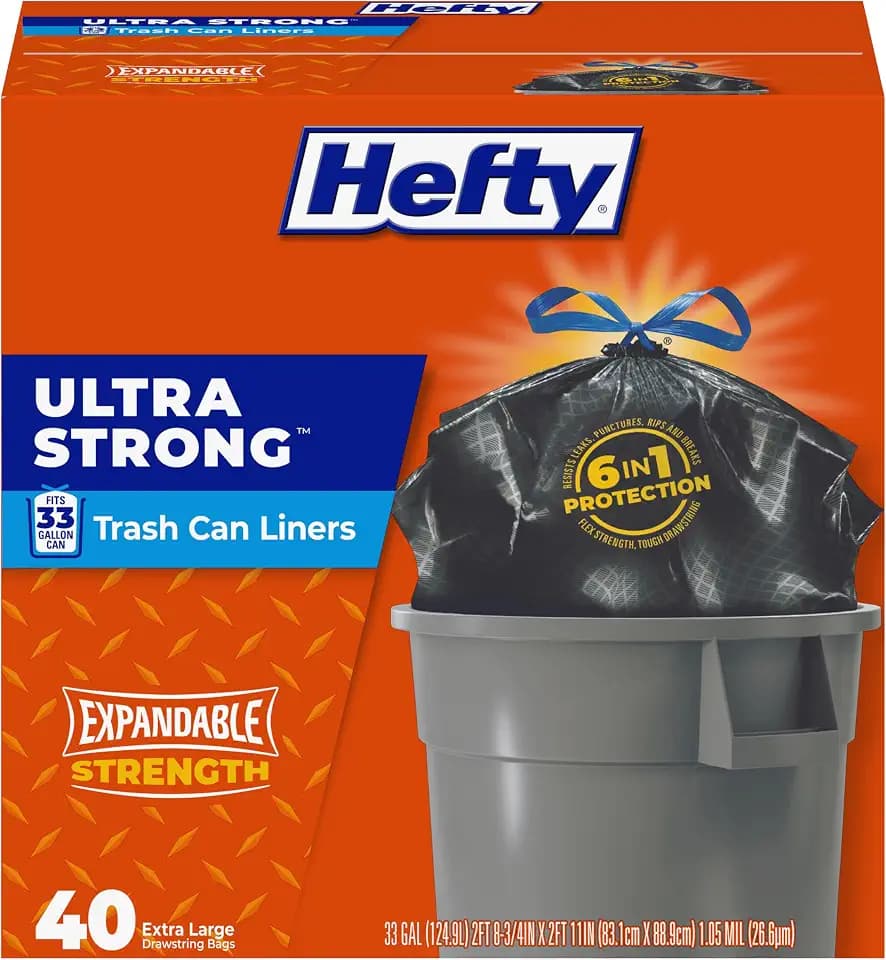 Hefty Ultra Strong 33 Gallon Trash Bags, Black, Unscented, 40ct